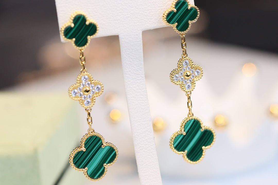 [⭐Veyra]CLOVER EARRINGS GOLD MALACHITE DIAMOND 3 MOTIF