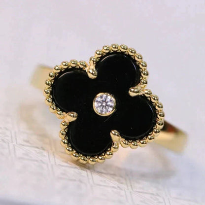 [⭐Veyra]CLOVER ONYX RING GOLD DIAMOND