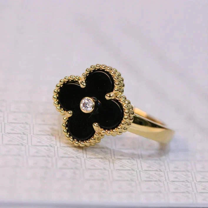 [⭐Veyra]CLOVER ONYX RING GOLD DIAMOND