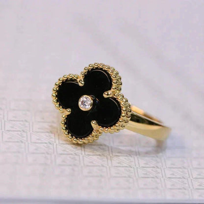 [⭐Veyra]CLOVER ONYX RING GOLD DIAMOND