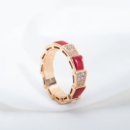 [⭐Veyra]SERPENTI RING PINK GOLD CARNELIAN DIAMOND PAVED 4MM