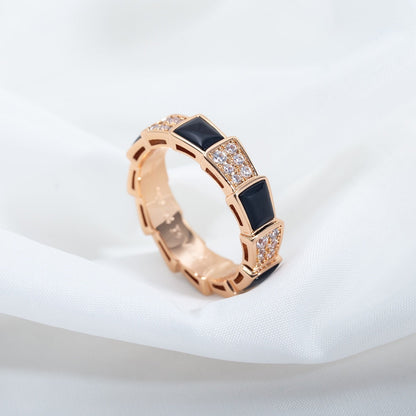 [⭐Veyra]SERPENTI RING PINK GOLD BLACK MOP DIAMOND PAVED 4MM