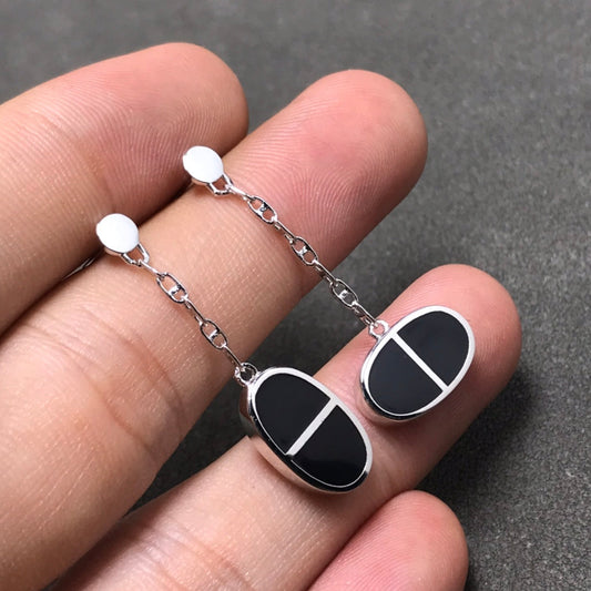 [⭐Veyra]CHAINE VERSO BLACK CERAMIC SILVER EARRINGS