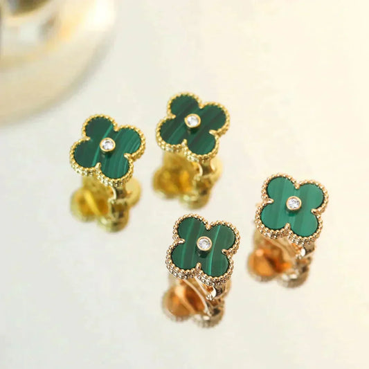 [⭐Veyra]CLOVER MEDIUM 1 MOTIFS MALACHITE DIAMOND EARRINGS