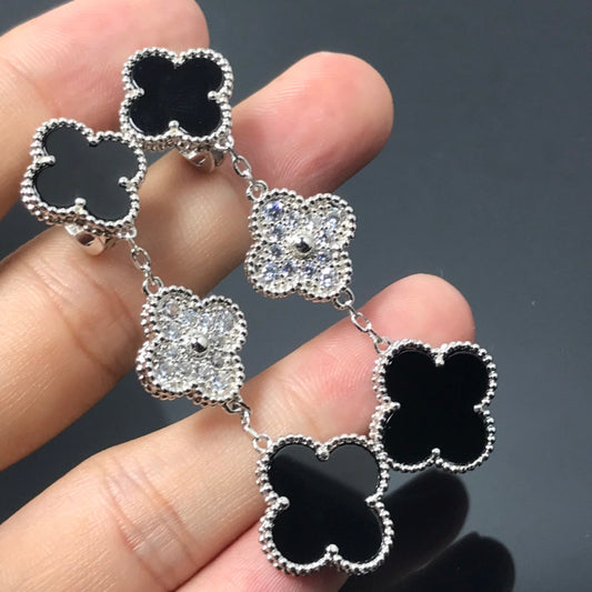 [⭐Veyra]CLOVER 3 MOTIF DIAMOND ONYX SILVER EARRINGS