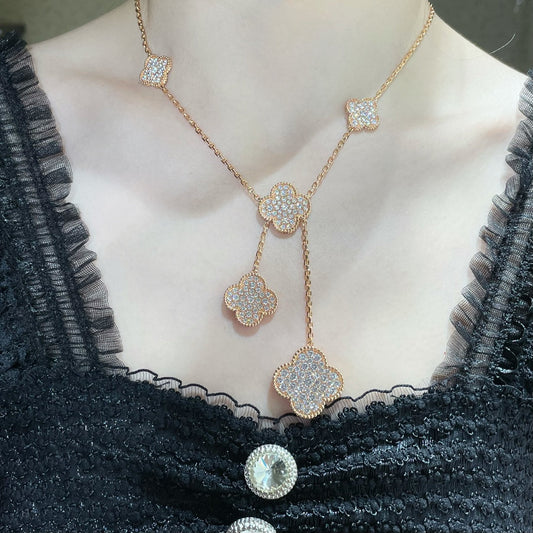 [⭐Veyra]CLOVER 6 MOTIF DIAMOND PAVED NECKLACE