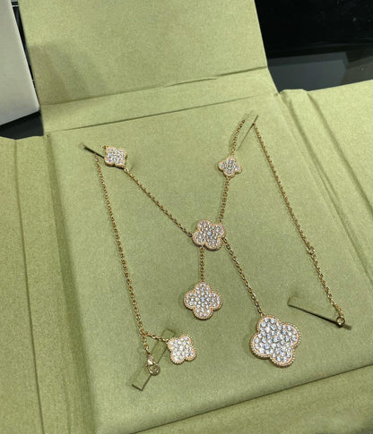 [⭐Veyra]CLOVER 6 MOTIF DIAMOND PAVED NECKLACE