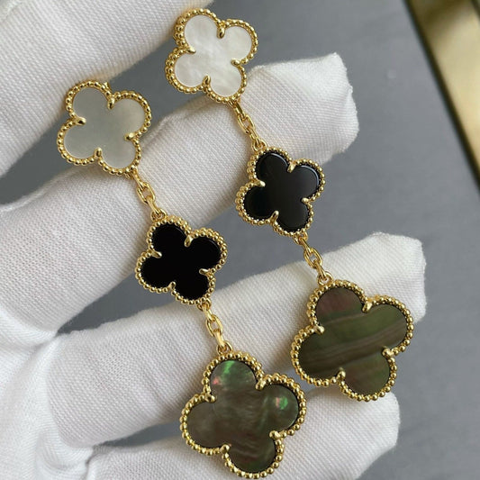 [⭐Veyra]CLOVER 3 MOTIF MOP ONYX DARK MOP PINK GOLD EARRINGS