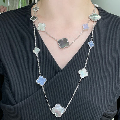 [⭐Veyra]CLOVER 16 MOTIF CHALCEDONY MOP SILVER NECKLACE