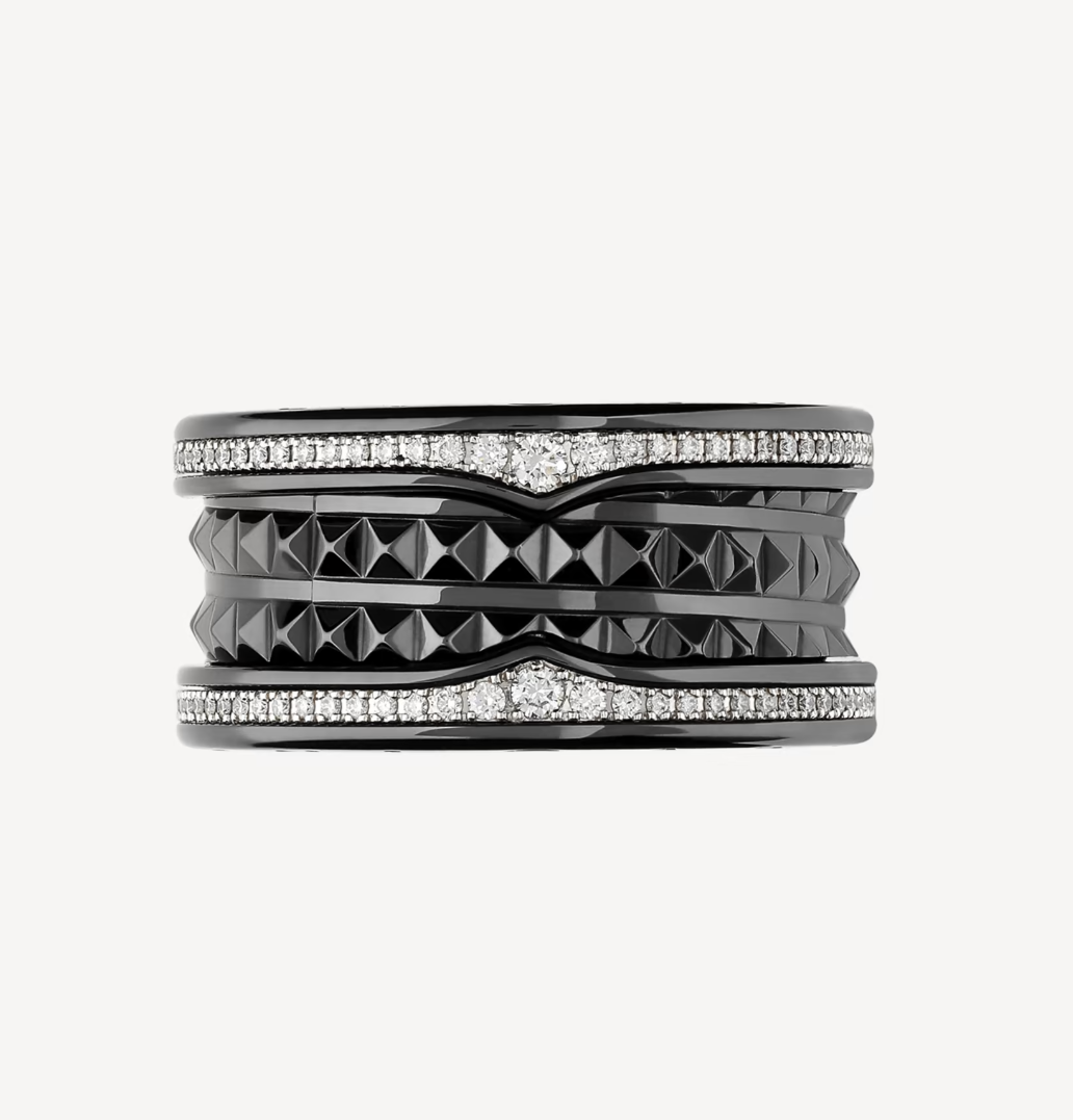 [⭐Veyra]ZERO 1 ROCK FOUR-BAND BLACK CERAMIC WITH STUDDED SPIRAL AND PAVED DIAMONDS RING