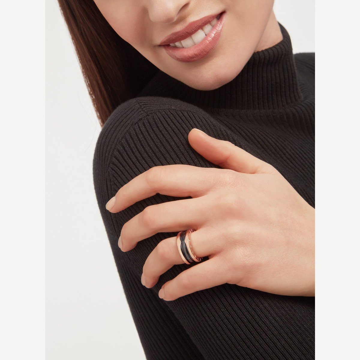 [⭐Veyra]ZERO 1 TWO-BAND LOOPS AND BLACK CERAMIC PINK GOLD RING