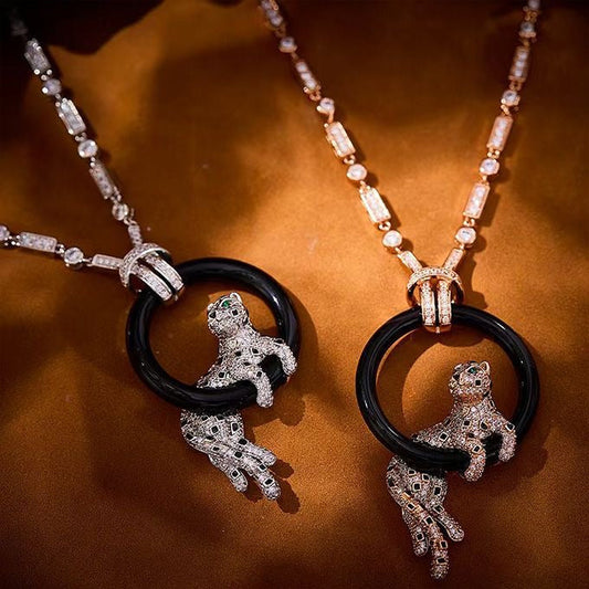 [⭐Veyra jewelrys]NEW BLACK CIRCLE PANTHER FULL DIAMOND NECKLACE