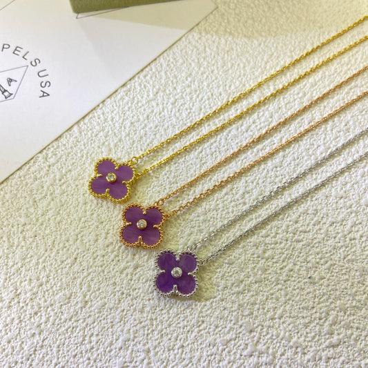 [⭐Veyra Jewelry]CLOVER 15MM DIAMOND  PURPLE VIOLET NECKLACE