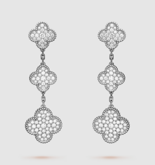 [⭐Veyra]CLOVER 3 MOTIF DIAMOND SILVER DROP EARRINGS