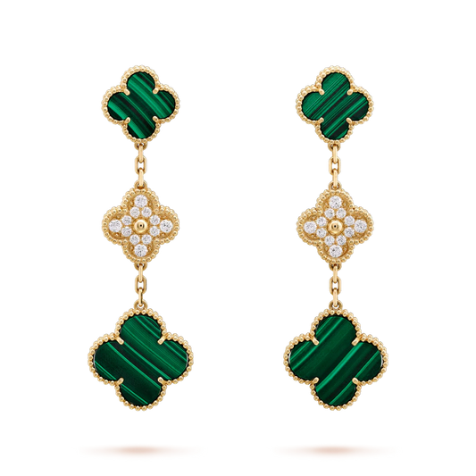 [⭐Veyra]CLOVER EARRINGS GOLD MALACHITE DIAMOND 3 MOTIF